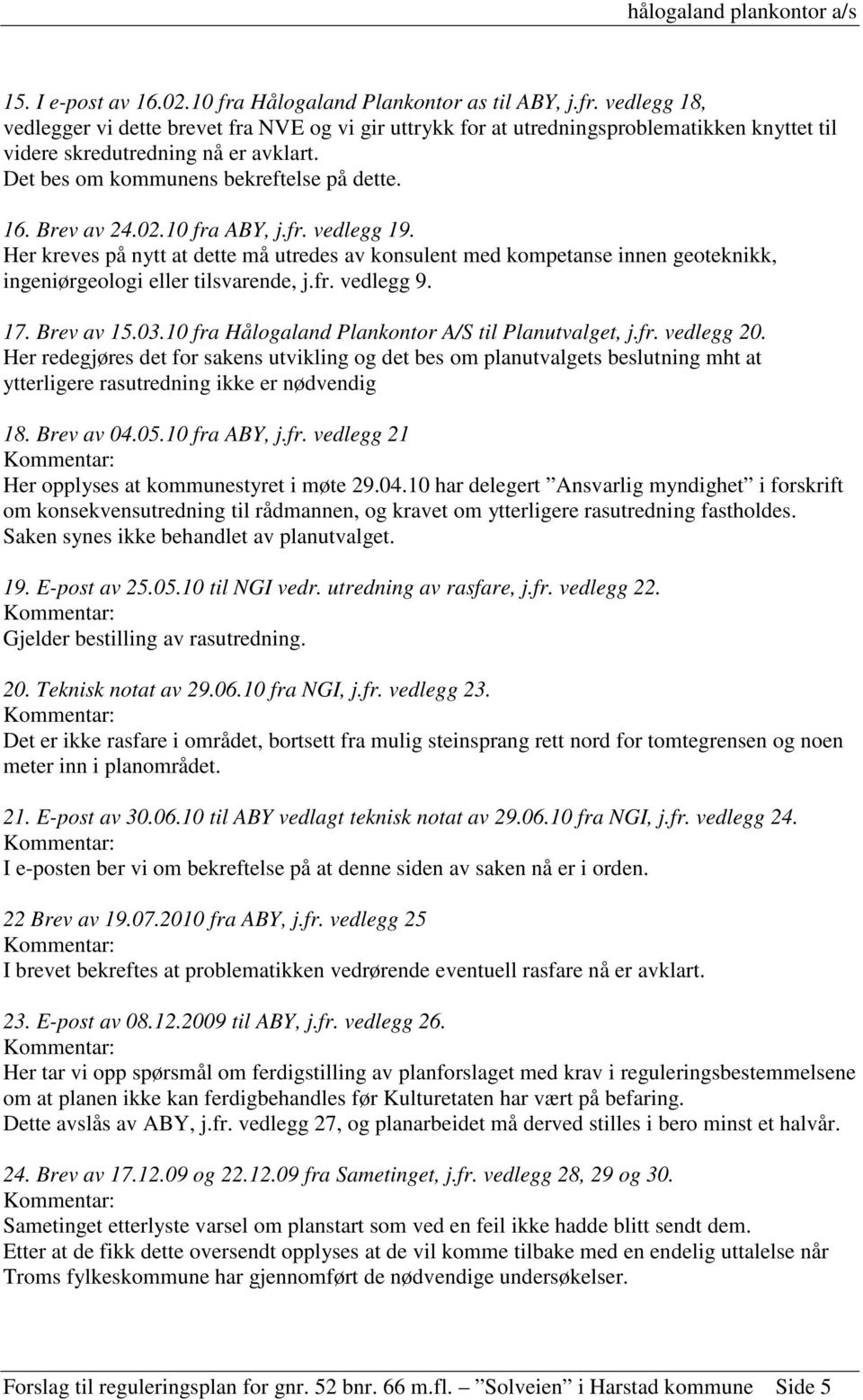 Her kreves på nytt at dette må utredes av konsulent med kompetanse innen geoteknikk, ingeniørgeologi eller tilsvarende, j.fr. vedlegg 9. 17. Brev av 15.03.