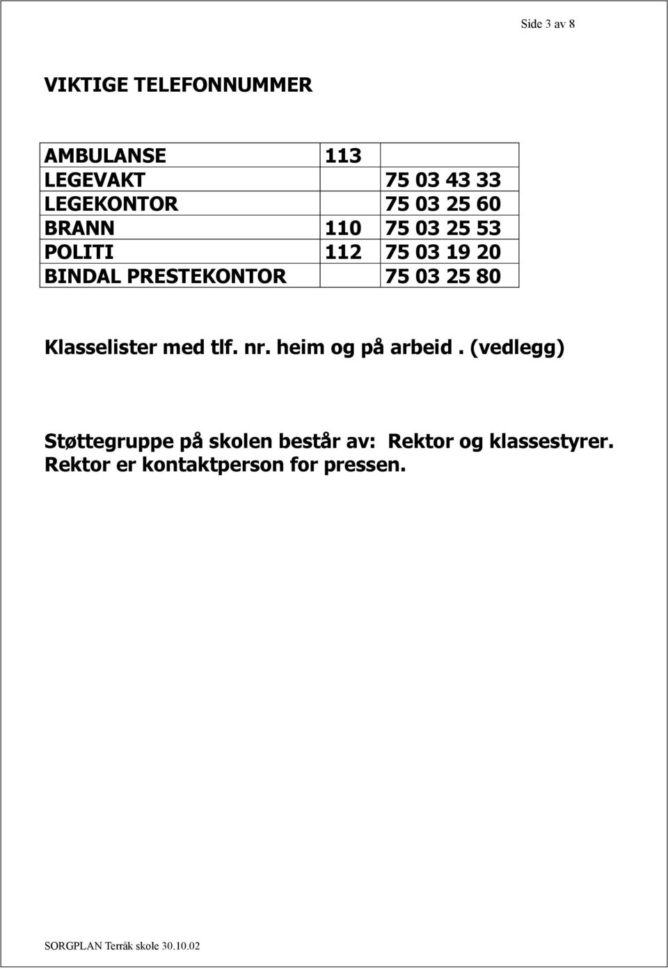 03 25 80 Klasselister med tlf. nr. heim og på arbeid.