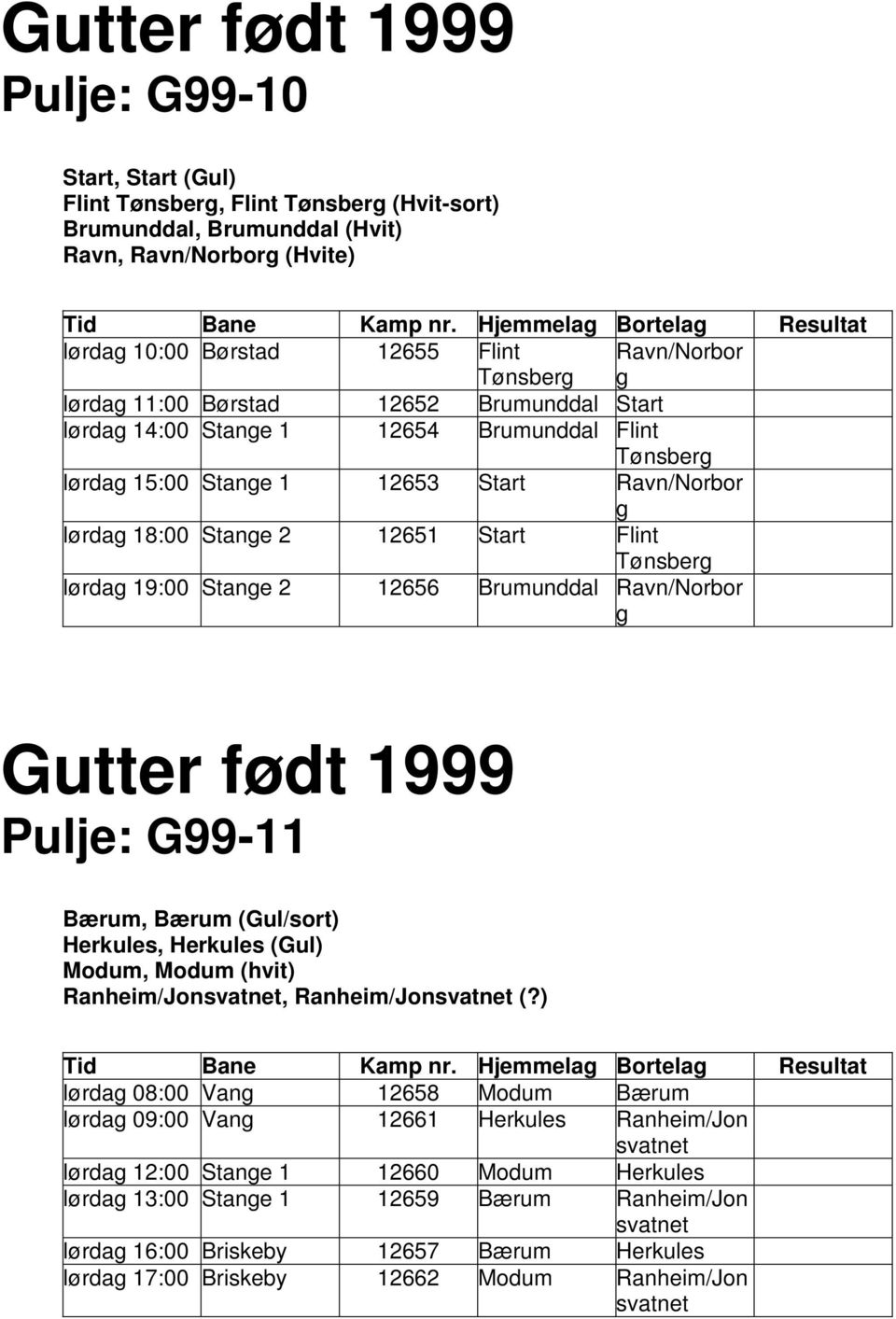 Tønsberg lørdag 19:00 Stange 2 12656 Brumunddal Ravn/Norbor g Gutter født 1999 Pulje: G99-11 Bærum, Bærum (Gul/sort) Herkules, Herkules (Gul) Modum, Modum (hvit) Ranheim/Jonsvatnet,