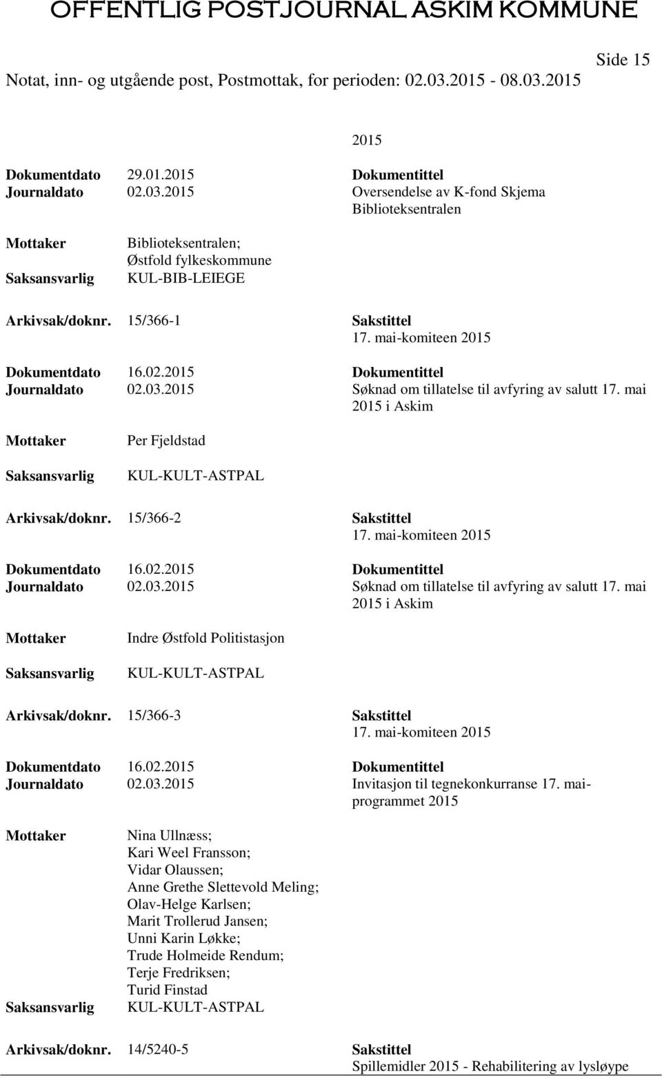 mai 2015 i Askim Per Fjeldstad KUL-KULT-ASTPAL Arkivsak/doknr. 15/366-2 Sakstittel 17. mai-komiteen 2015 Dokumentdato 16.02.2015 Dokumentittel Journaldato 02.03.