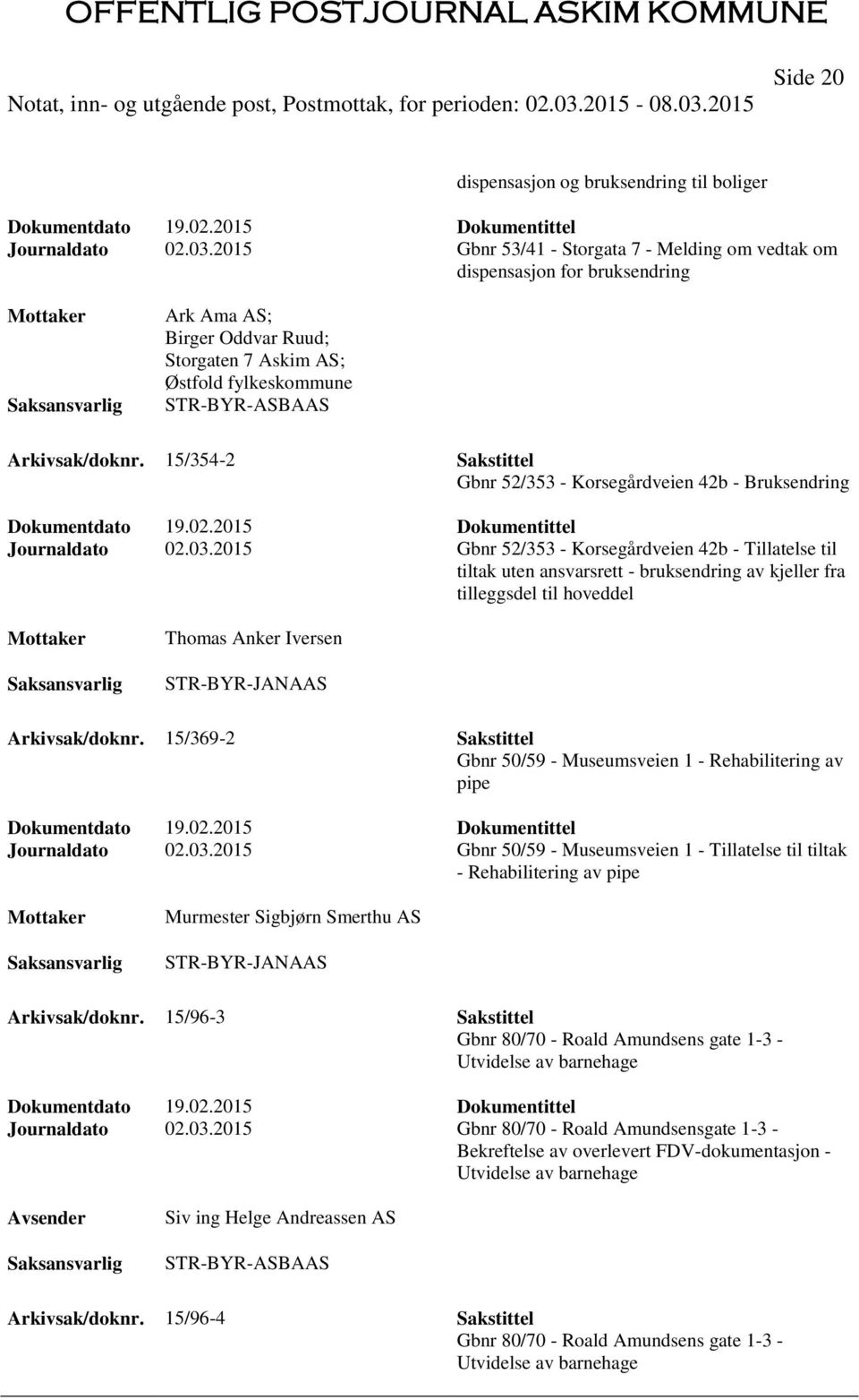 15/354-2 Sakstittel Gbnr 52/353 - Korsegårdveien 42b - Bruksendring Dokumentdato 19.02.2015 Dokumentittel Journaldato 02.03.