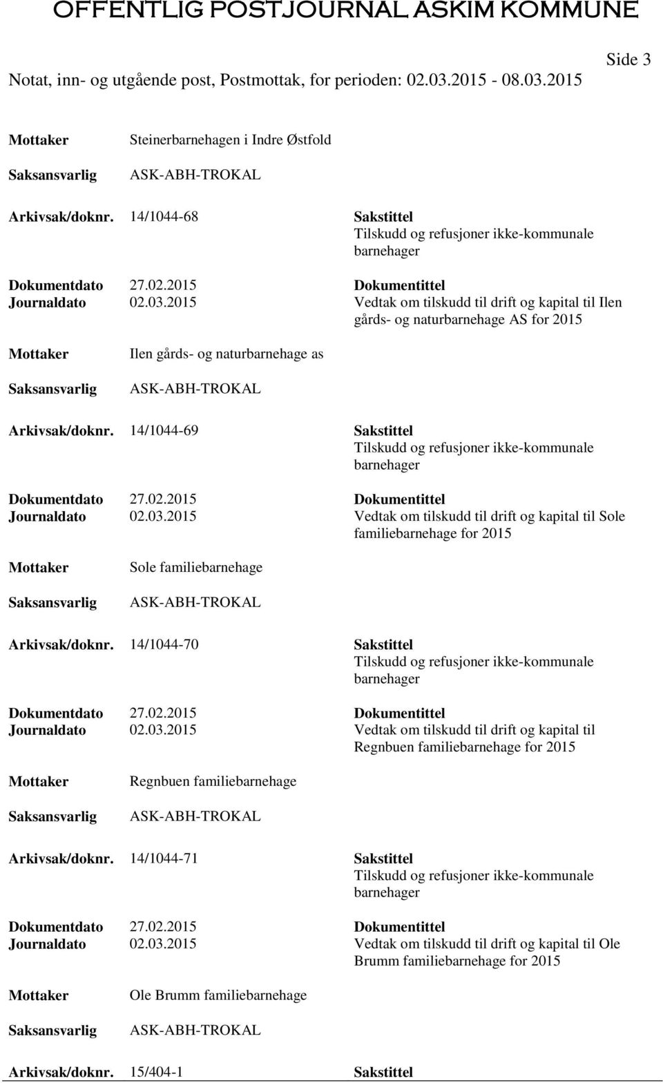 14/1044-69 Sakstittel Tilskudd og refusjoner ikke-kommunale barnehager Dokumentdato 27.02.2015 Dokumentittel Journaldato 02.03.