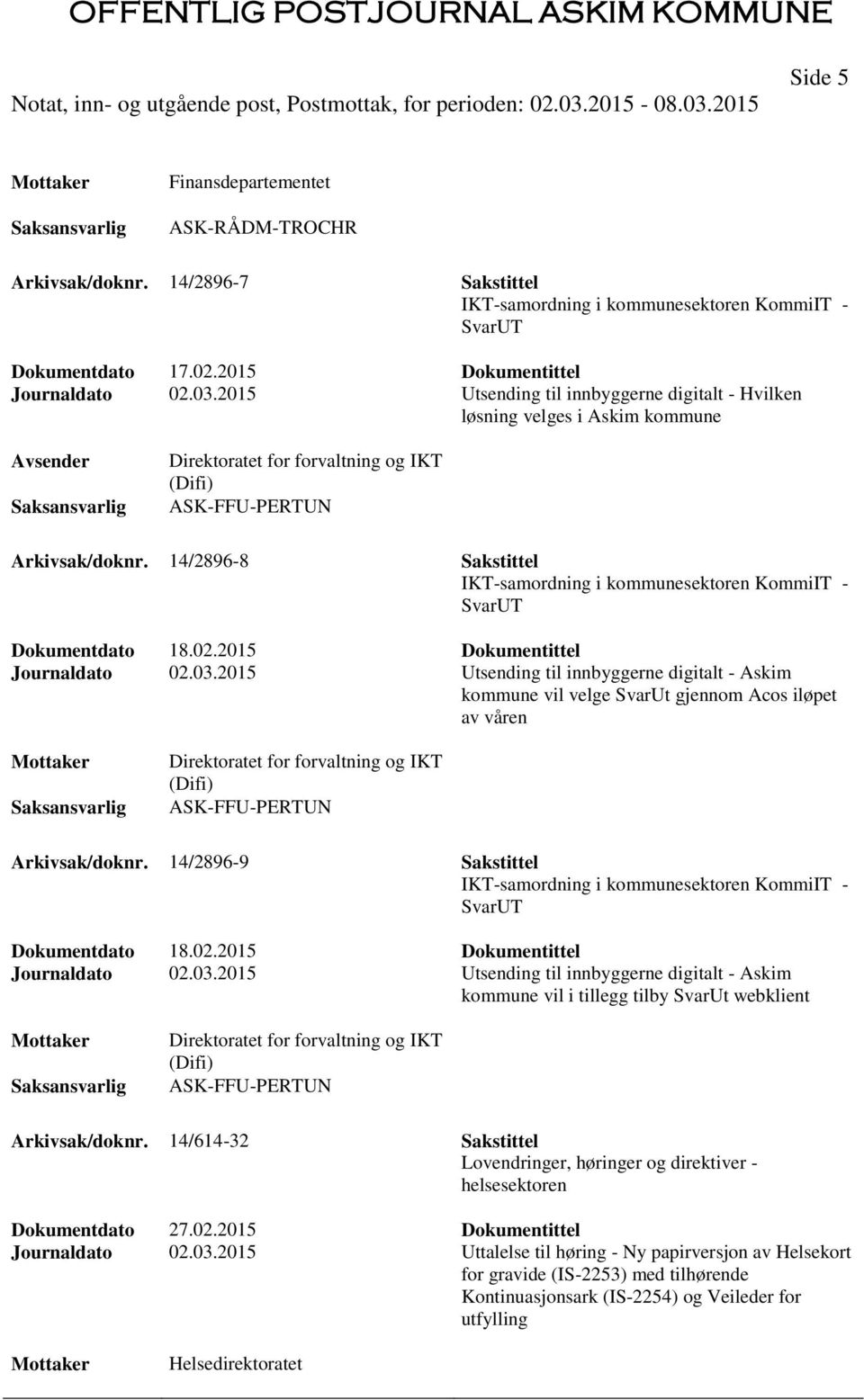 14/2896-8 Sakstittel IKT-samordning i kommunesektoren KommiIT - SvarUT Dokumentdato 18.02.2015 Dokumentittel Journaldato 02.03.