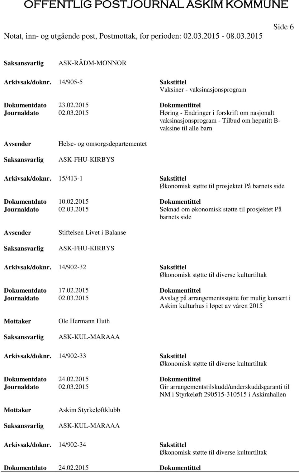 15/413-1 Sakstittel Økonomisk støtte til prosjektet På barnets side Dokumentdato 10.02.2015 Dokumentittel Journaldato 02.03.