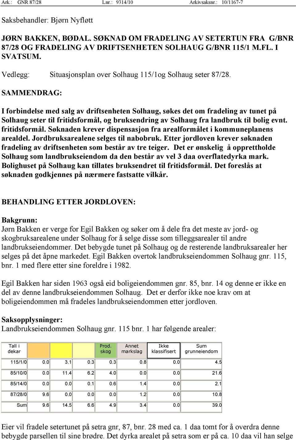 SAMMENDRAG: I forbindelse med salg av driftsenheten Solhaug, søkes det om fradeling av tunet på Solhaug seter til fritidsformål,