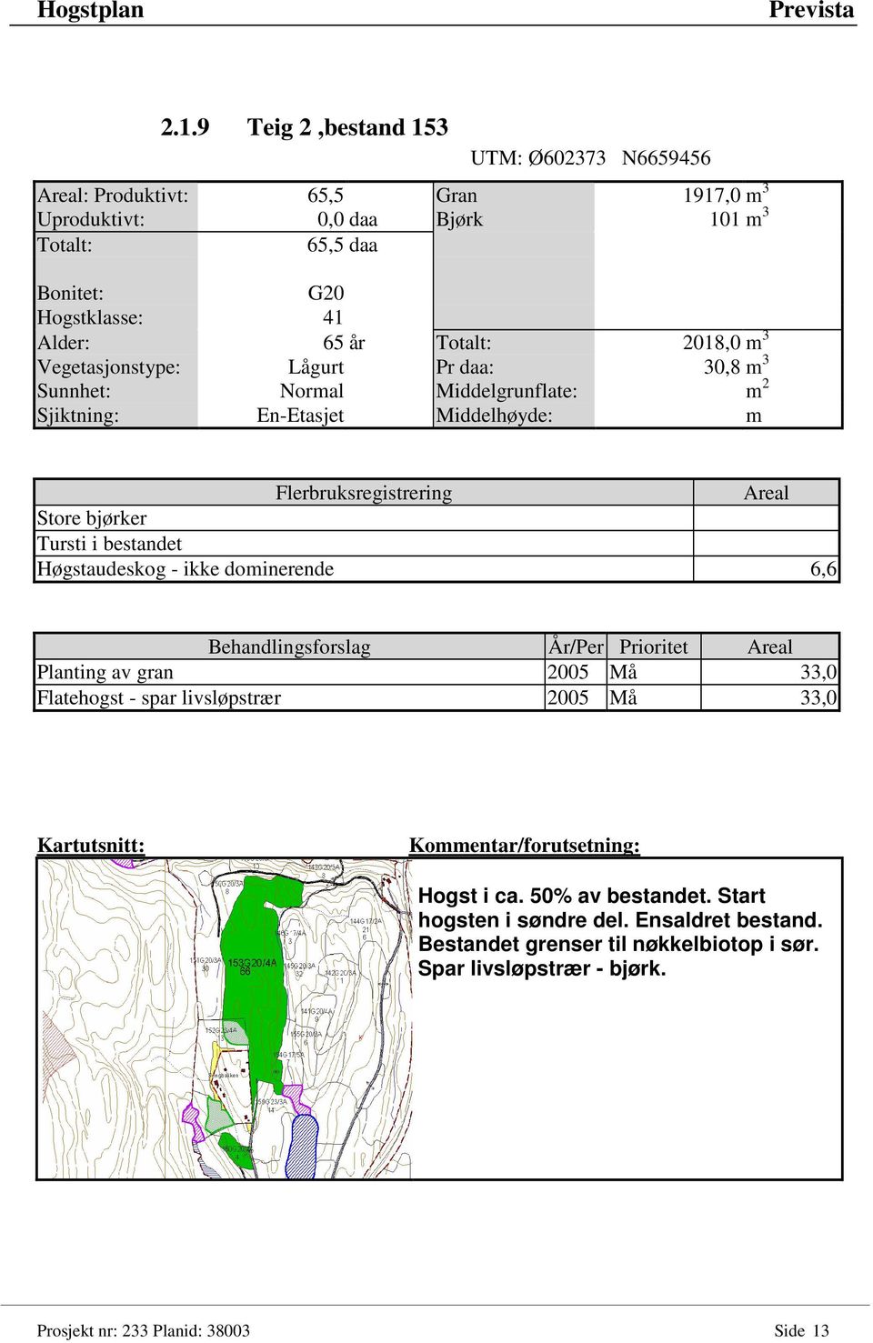 i bestandet Høgstaudeskog - ikke dominerende 6,6 Planting av gran 2005 Må 33,0 Flatehogst - spar livsløpstrær 2005 Må 33,0 Hogst i ca. 50% av bestandet.