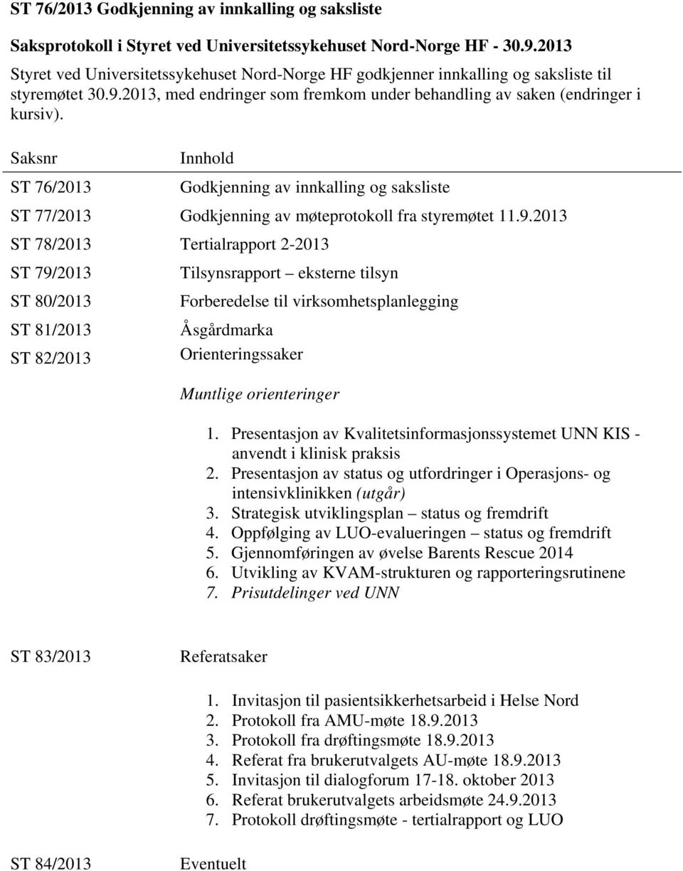 Saksnr Innhold ST 76/2013 Godkjenning av innkalling og saksliste ST 77/2013 Godkjenning av møteprotokoll fra styremøtet 11.9.