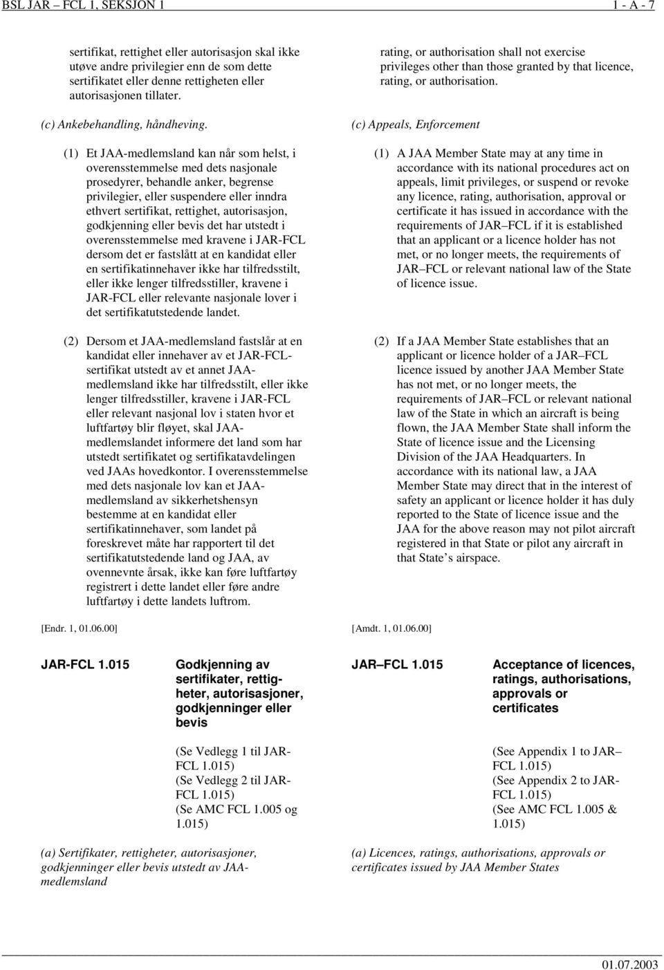 (1) Et JAA-medlemsland kan når som helst, i overensstemmelse med dets nasjonale prosedyrer, behandle anker, begrense privilegier, eller suspendere eller inndra ethvert sertifikat, rettighet,