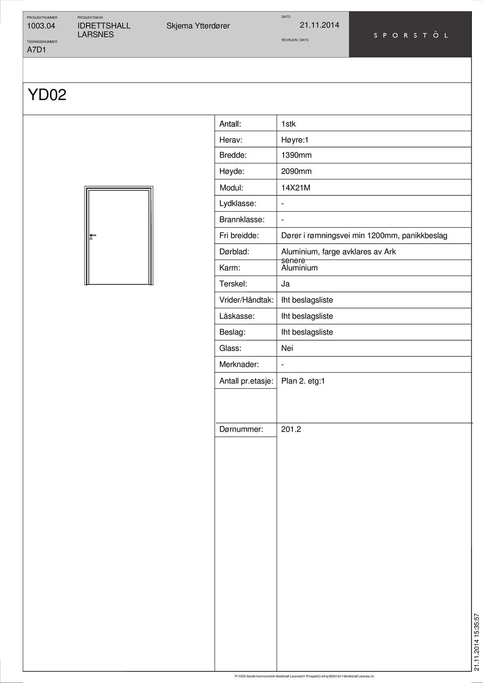 Glass: 1stk Høyre:1 1390mm 2090mm 14X21M Dører i rømningsvei min 1200mm, panikkbeslag Aluminium,