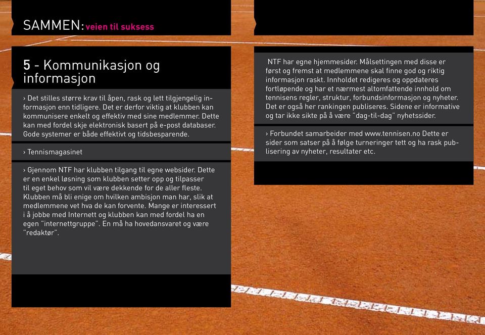 Gode systemer er både effektivt og tidsbesparende. Tennismagasinet NTF har egne hjemmesider. Målsettingen med disse er først og fremst at medlemmene skal finne god og riktig informasjon raskt.