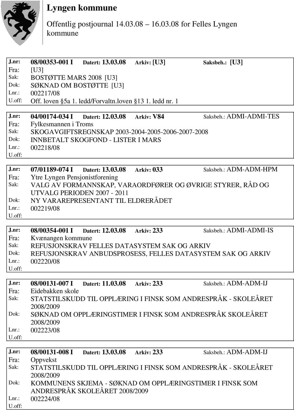 : 002218/08 J.nr: 07/01189-074 I Datert: 13.03.08 Arkiv: 033 Saksbeh.