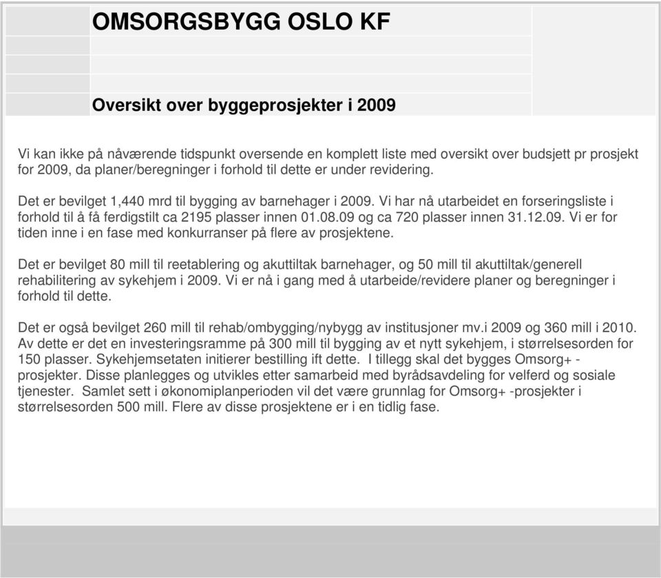 09 og ca 720 plasser innen 31.12.09. Vi er for tiden inne i en fase med konkurranser på flere av prosjektene.