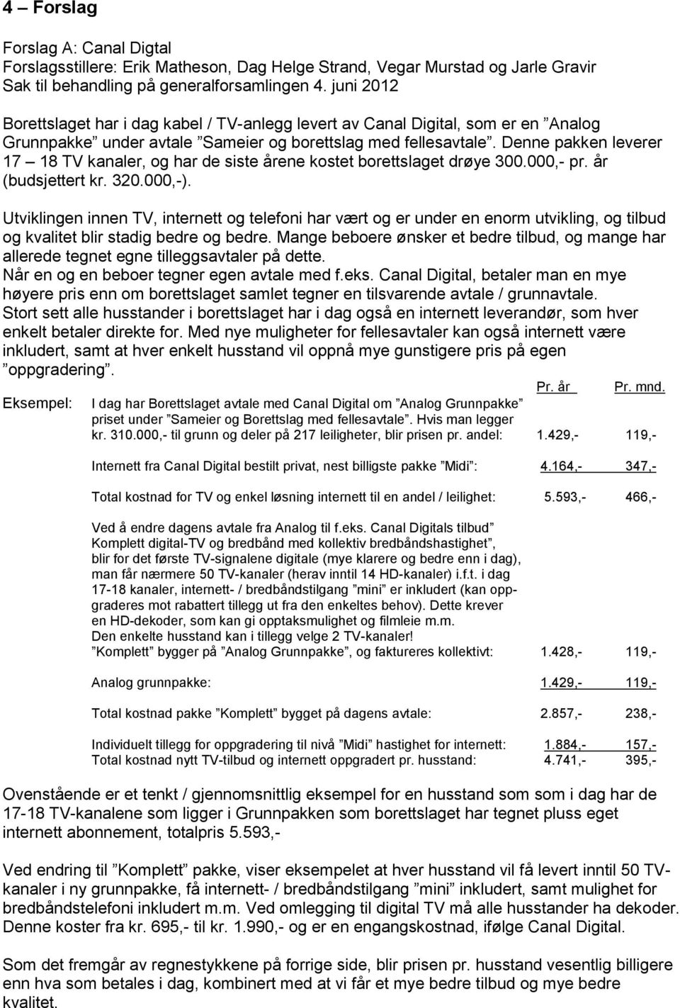 Denne pakken leverer 17 18 TV kanaler, og har de siste årene kostet borettslaget drøye 300.000,- pr. år (budsjettert kr. 320.000,-).