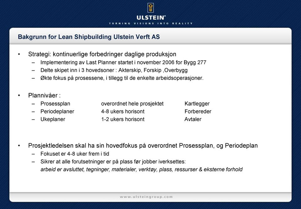 Plannivåer : Prosessplan overordnet hele prosjektet Kartlegger Periodeplaner 4-8 ukers horisont Forbereder Ukeplaner 1-2 ukers horisont Avtaler Prosjektledelsen skal ha sin