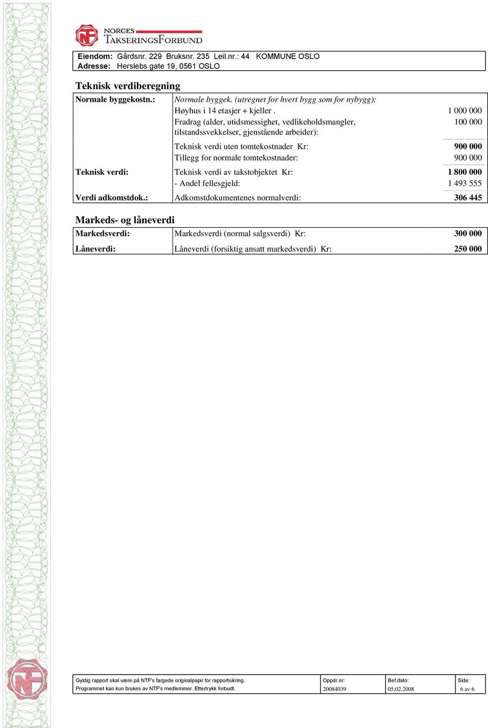 tomtekostnader: 900 000 Teknisk verdi: Teknisk verdi av takstobjektet Kr: 1 800 000 - Andel fellesgjeld: 1 493 555 Verdi adkomstdok.