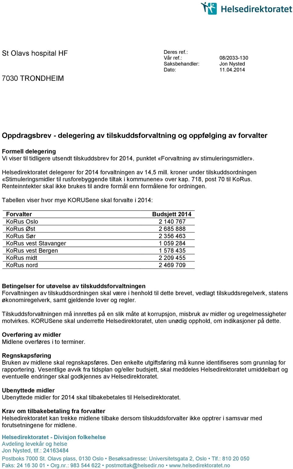 Helsedirektoratet delegerer for 2014 forvaltningen av 14,5 mill. kroner under tilskuddsordningen «Stimuleringsmidler til rusforebyggende tiltak i kommunene» over kap. 718, post 70 til KoRus.