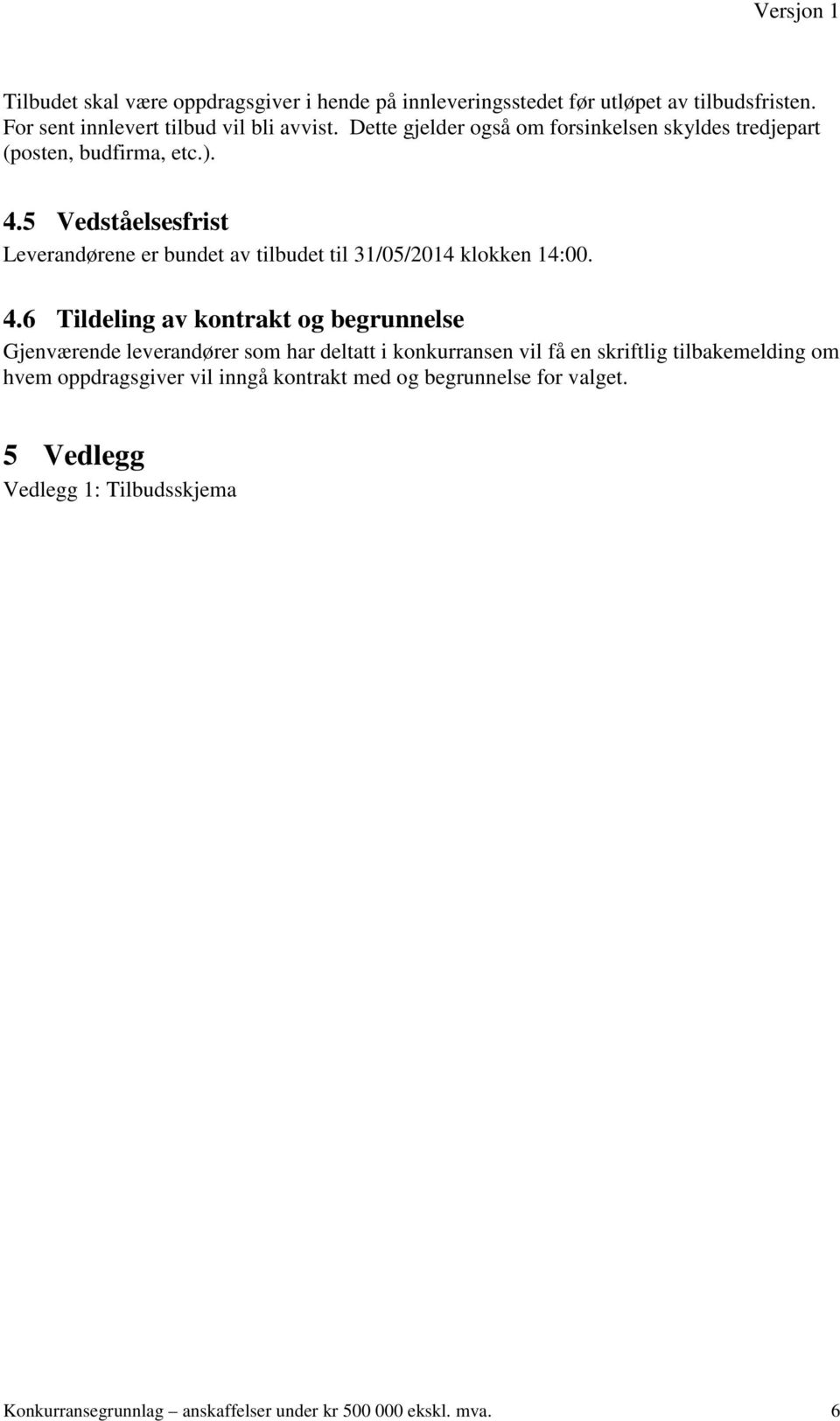 5 Vedståelsesfrist Leverandørene er bundet av tilbudet til 31/05/2014 klokken 14:00. 4.