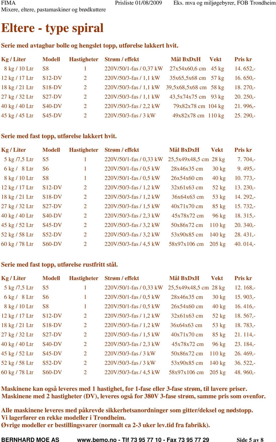 652,- 12 kg / 17 Ltr S12-DV 2 220V/50/3-fas / 1,1 kw 35x65,5x68 cm 57 kg 16. 650,- 18 kg / 21 Ltr S18-DV 2 220V/50/3-fas / 1,1 kw 39,5x68,5x68 cm 58 kg 18.