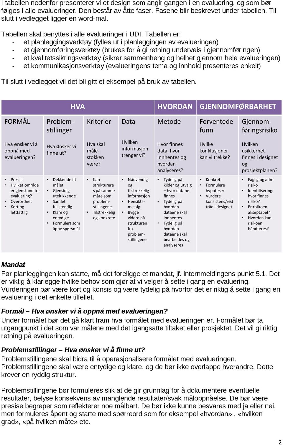 Tabellen er: - et planleggingsverktøy (fylles ut i planleggingen av evalueringen) - et gjennomføringsverktøy (brukes for å gi retning underveis i gjennomføringen) - et kvalitetssikringsverktøy