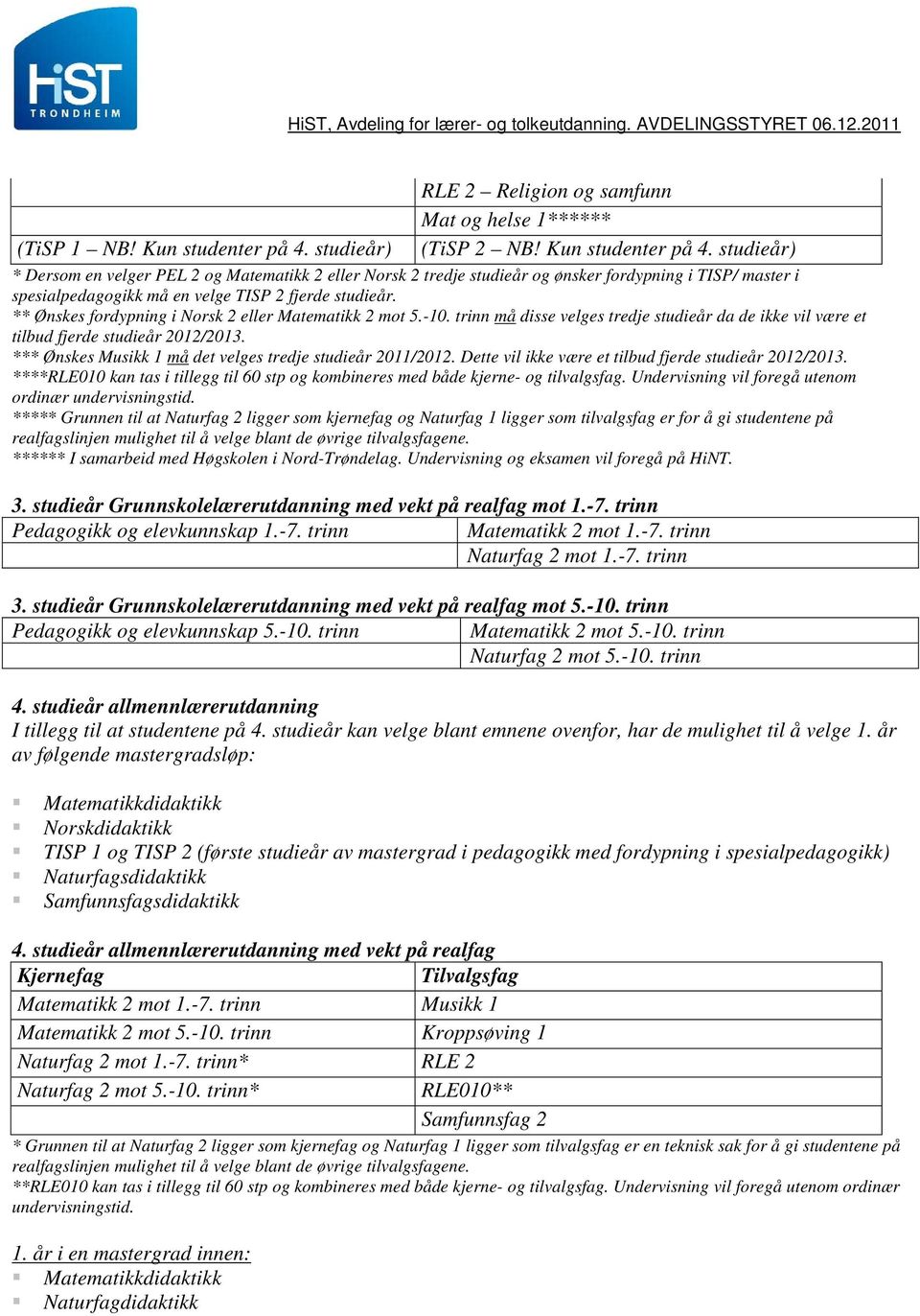 studieår) * Dersom en velger PEL 2 og Matematikk 2 eller Norsk 2 tredje studieår og ønsker fordypning i TISP/ master i spesialpedagogikk må en velge TISP 2 fjerde studieår.