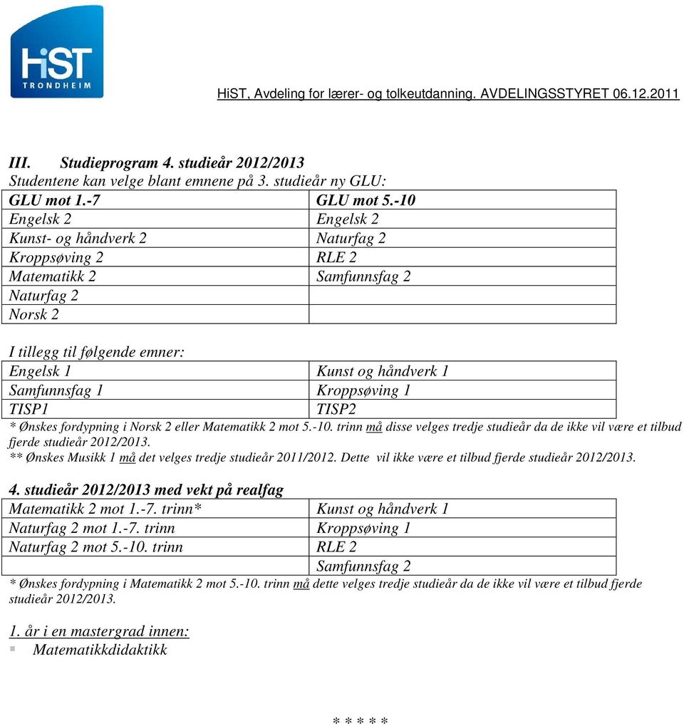 Kroppsøving 1 TISP1 TISP2 * Ønskes fordypning i Norsk 2 eller Matematikk 2 mot 5.-10. trinn må disse velges tredje studieår da de ikke vil være et tilbud fjerde studieår 2012/2013.