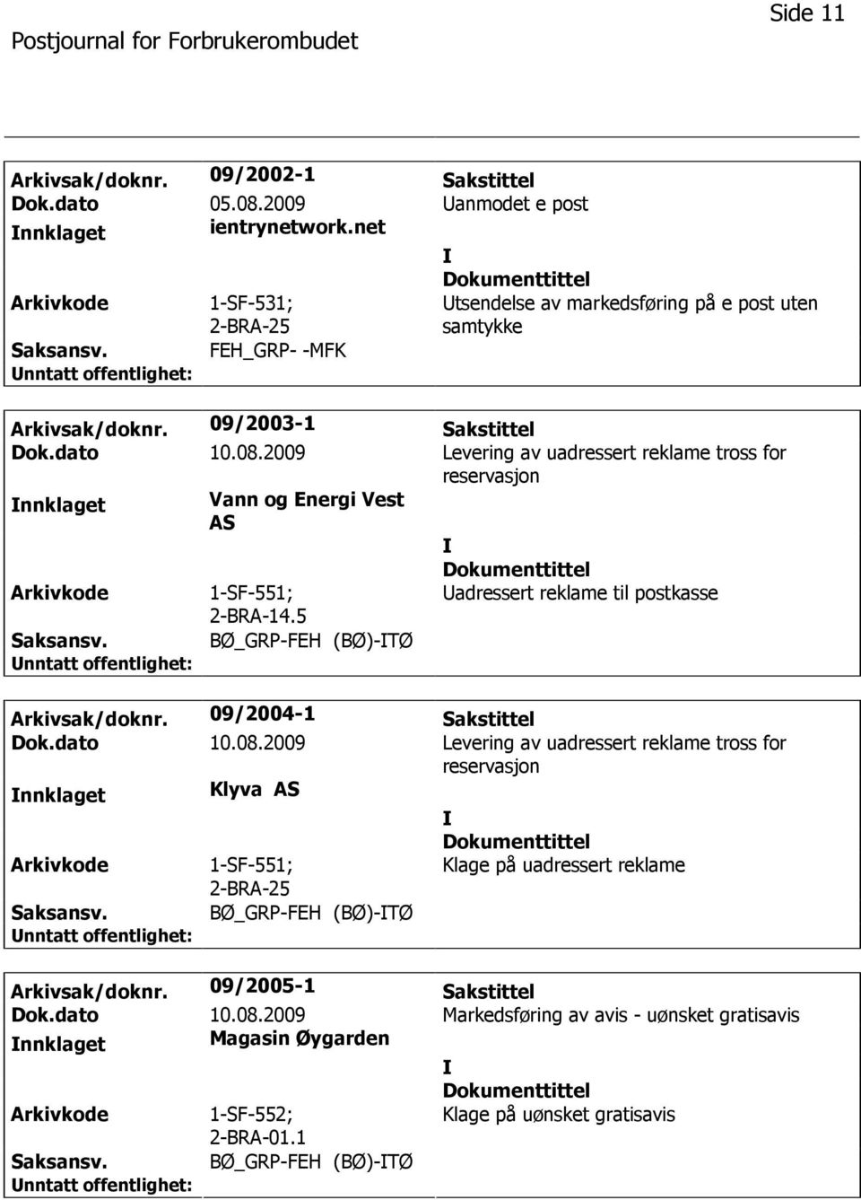 2009 Levering av uadressert reklame tross for reservasjon nnklaget Vann og Energi Vest AS 1-SF-551; 2-BRA-14.5 adressert reklame til postkasse BØ_GRP-FEH (BØ)-TØ Arkivsak/doknr.