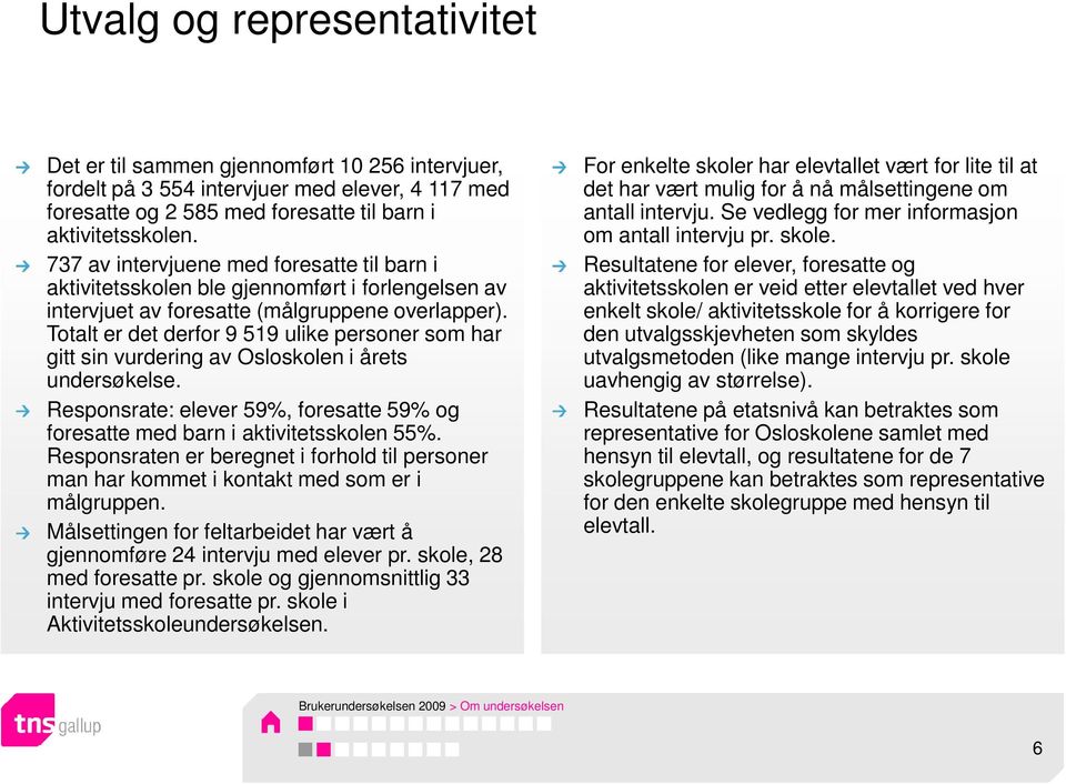 Totalt er det derfor 9 519 ulike personer som har gitt sin vurdering av Osloskolen i årets undersøkelse. Responsrate: elever 59%, foresatte 59% og foresatte med barn i aktivitetsskolen 55%.