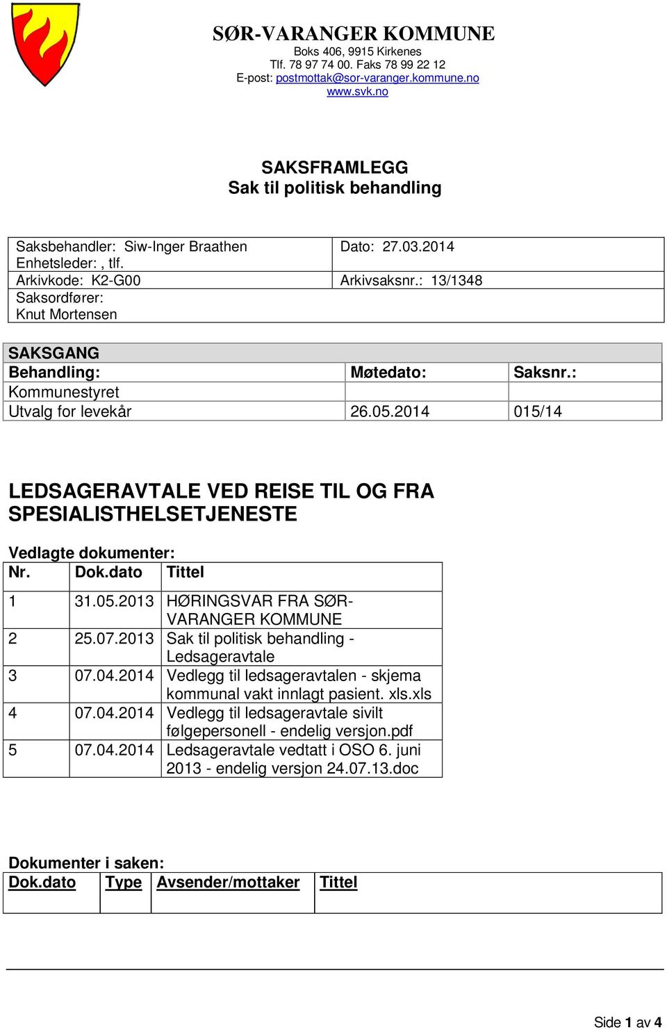 : 13/1348 Saksordfører: Knut Mortensen SAKSGANG Behandling: Møtedato: Saksnr.: Kommunestyret Utvalg for levekår 26.05.