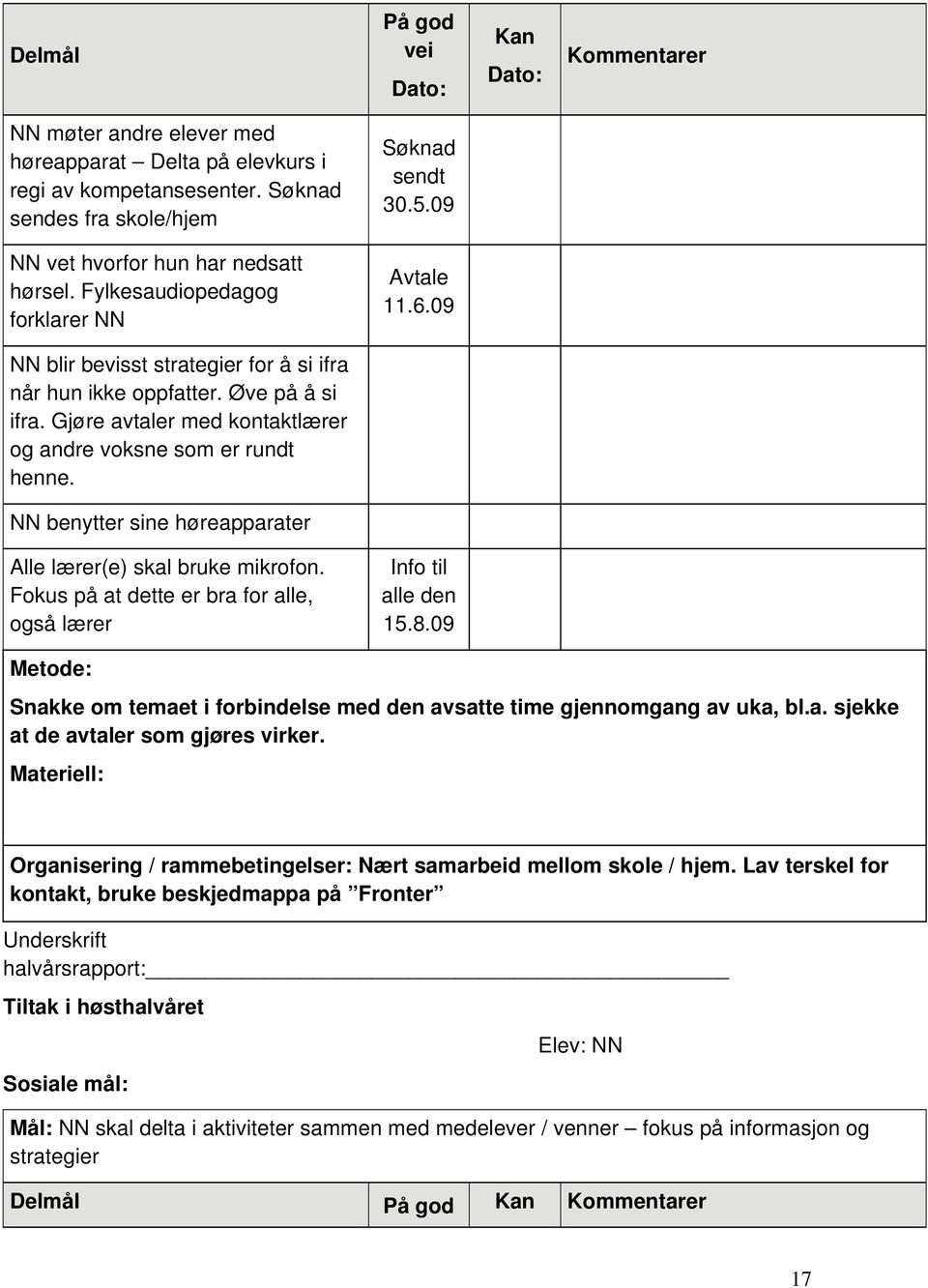 Gjøre avtaler med kontaktlærer og andre voksne som er rundt henne. NN benytter sine høreapparater Alle lærer(e) skal bruke mikrofon. Fokus på at dette er bra for alle, også lærer Info til alle den 15.