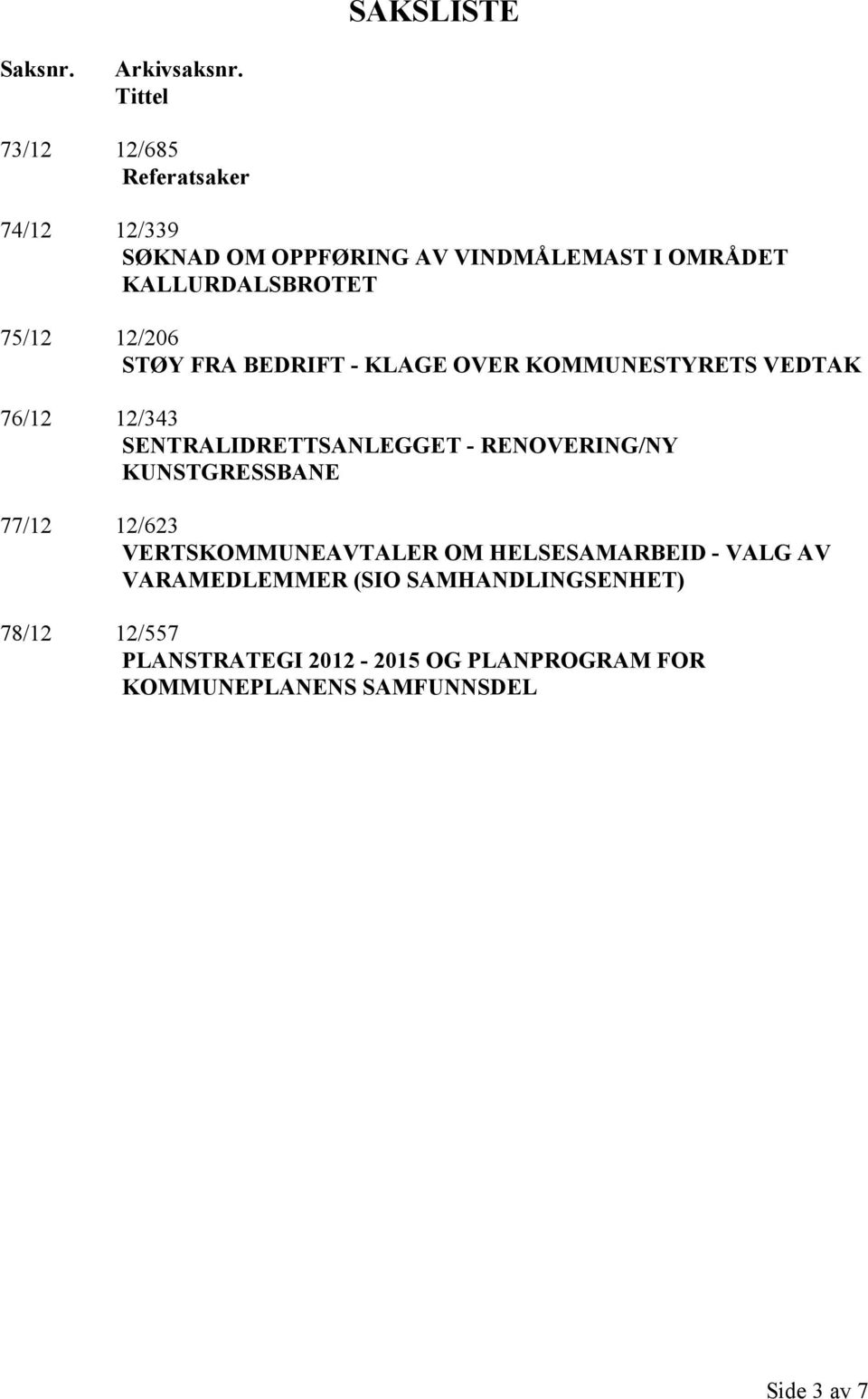 12/206 STØY FRA BEDRIFT - KLAGE OVER KOMMUNESTYRETS VEDTAK 76/12 12/343 SENTRALIDRETTSANLEGGET - RENOVERING/NY