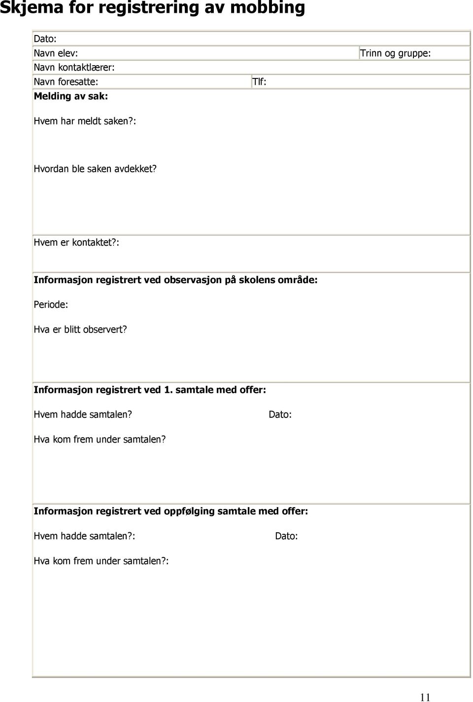 : Informasjon registrert ved observasjon på skolens område: Periode: Hva er blitt observert? Informasjon registrert ved 1.