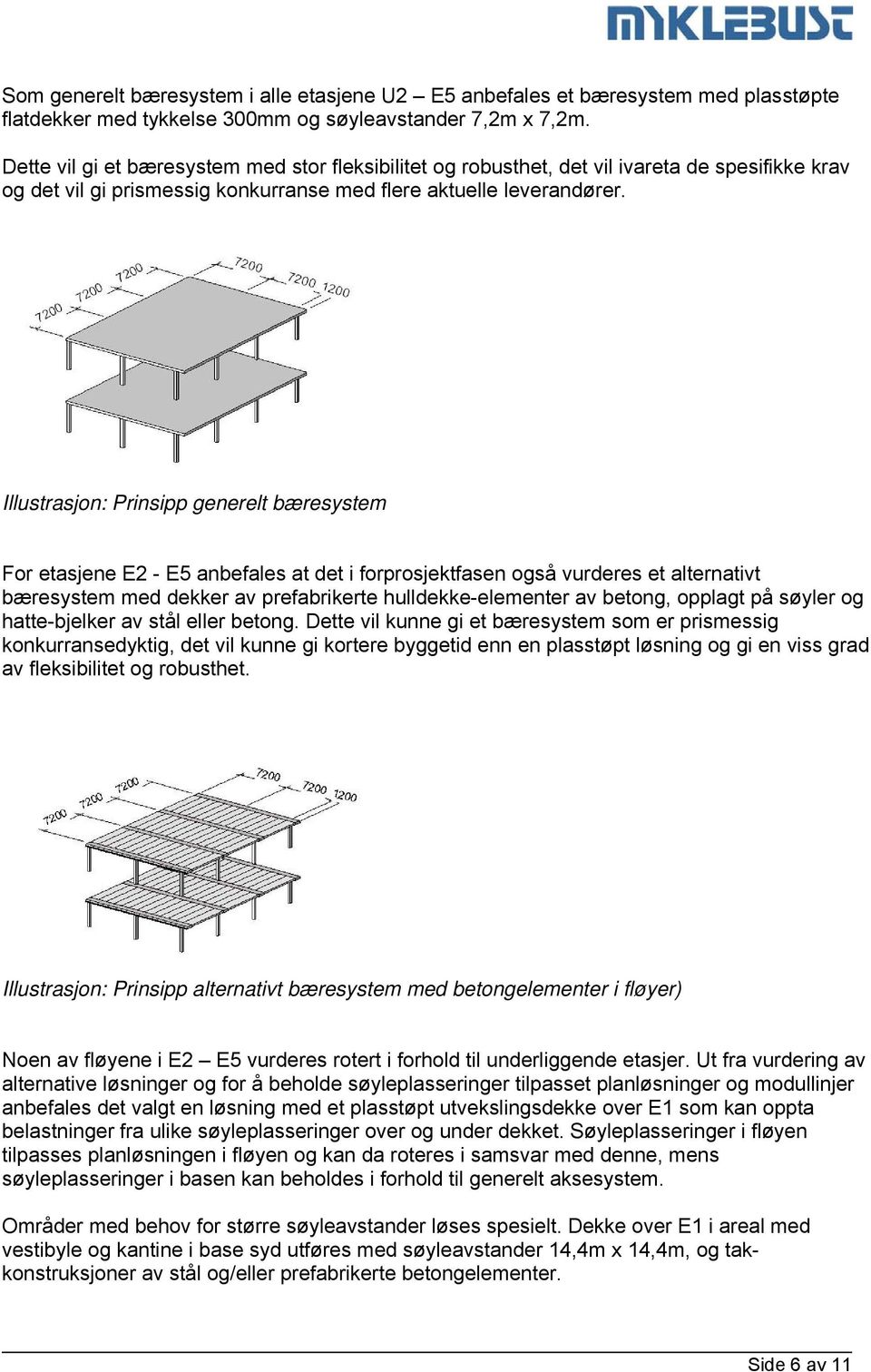 Illustrasjon: Prinsipp generelt bæresystem For etasjene E2 - E5 anbefales at det i forprosjektfasen også vurderes et alternativt bæresystem med dekker av prefabrikerte hulldekke-elementer av betong,