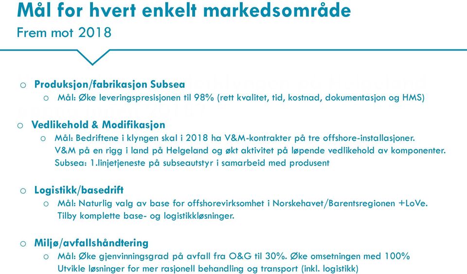 V&M på en rigg i land på Helgeland og økt aktivitet på løpende vedlikehold av komponenter. Subsea: 1.