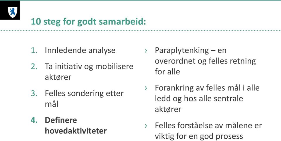 Definere hovedaktiviteter Paraplytenking en overordnet og felles retning for alle