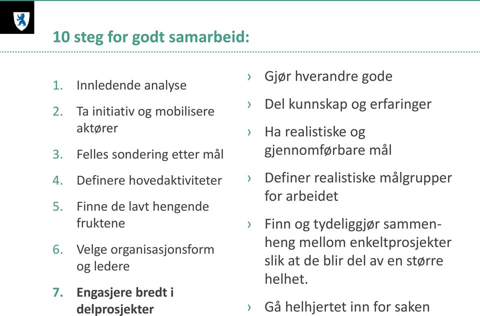 Engasjere bredt i delprosjekter Gjør hverandre gode Del kunnskap og erfaringer Ha realistiske og gjennomførbare mål Definer