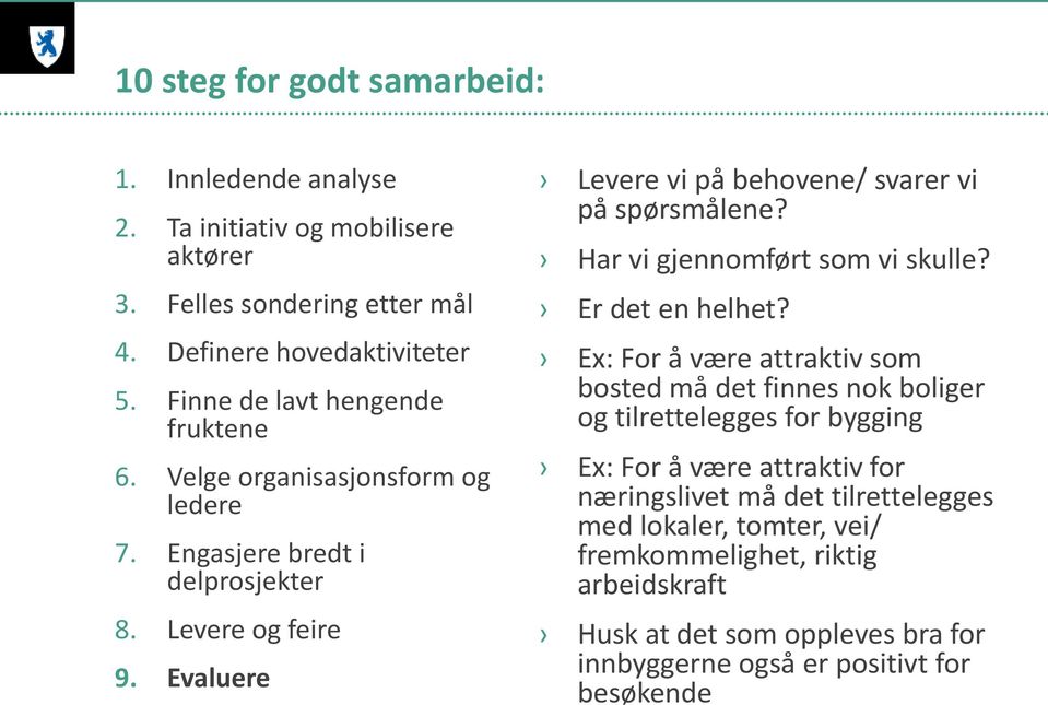 Evaluere Levere vi på behovene/ svarer vi på spørsmålene? Har vi gjennomført som vi skulle? Er det en helhet?