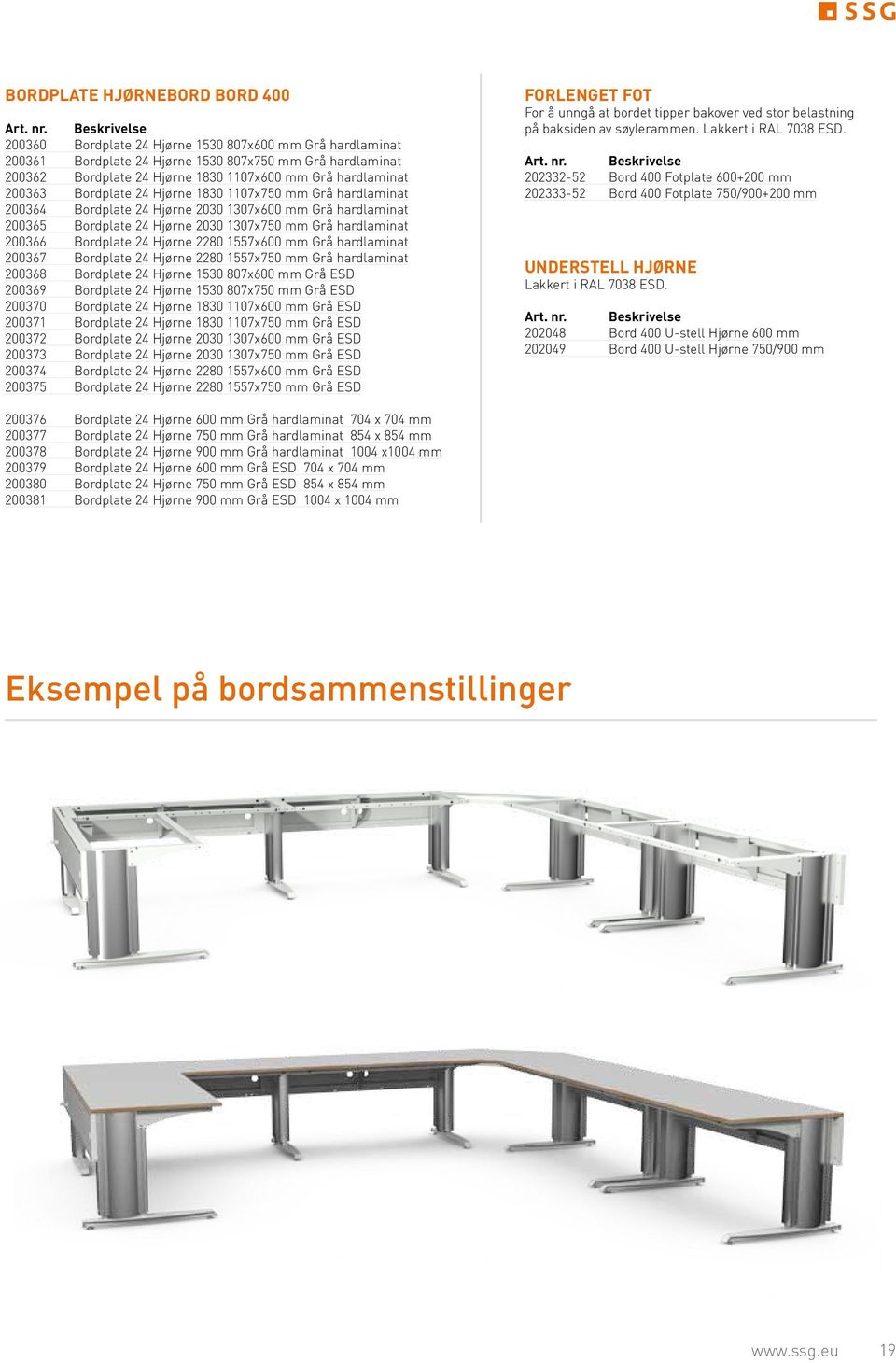 Bordplate 24 Hjørne 2280 1557x600 mm Grå hardlaminat 200367 Bordplate 24 Hjørne 2280 1557x750 mm Grå hardlaminat 200368 Bordplate 24 Hjørne 1530 807x600 mm Grå ESD 200369 Bordplate 24 Hjørne 1530