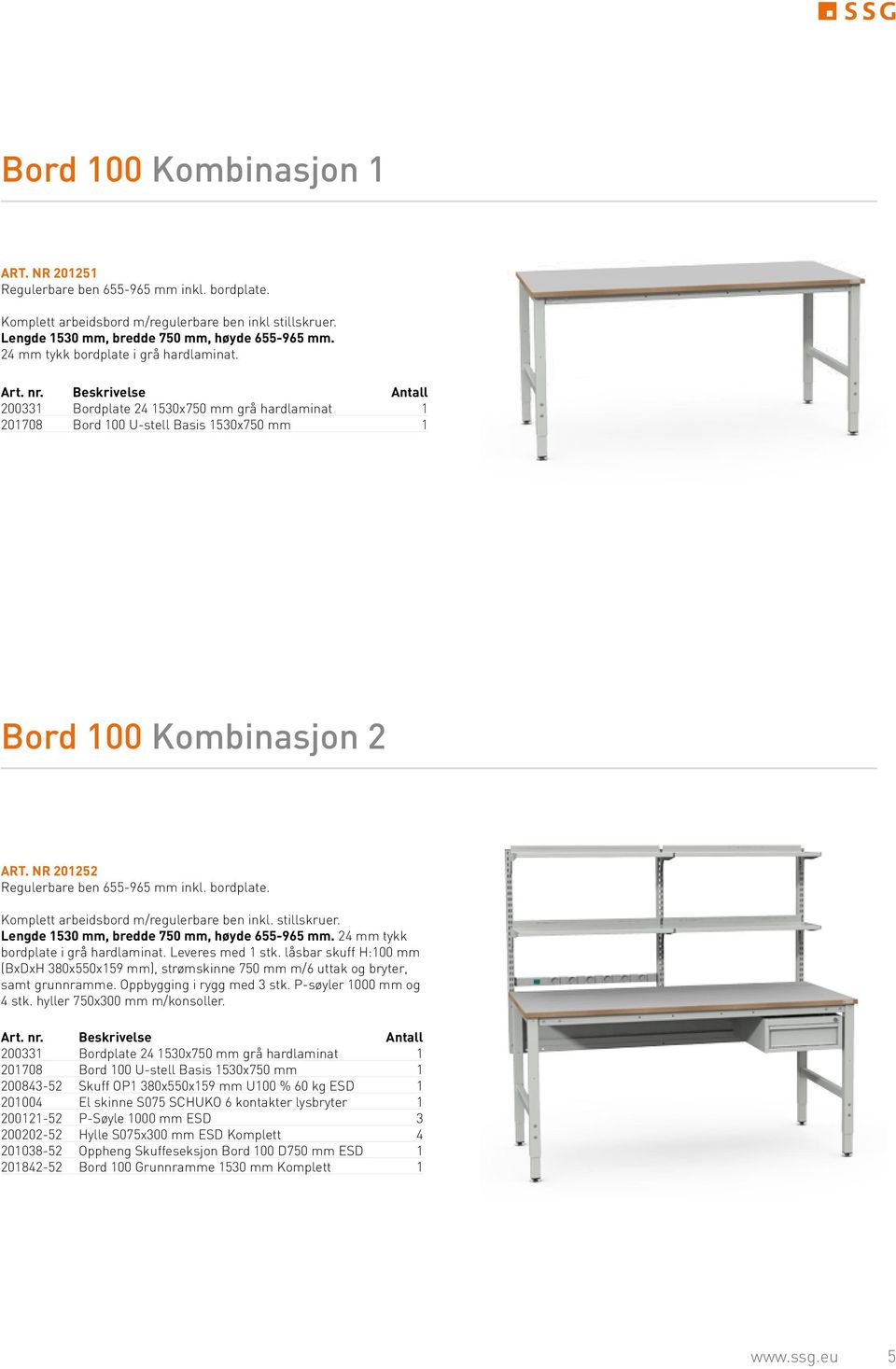 nr 201252 Regulerbare ben 655-965 mm inkl. bordplate. Komplett arbeidsbord m/regulerbare ben inkl. stillskruer. Lengde 1530 mm, bredde 750 mm, høyde 655-965 mm.