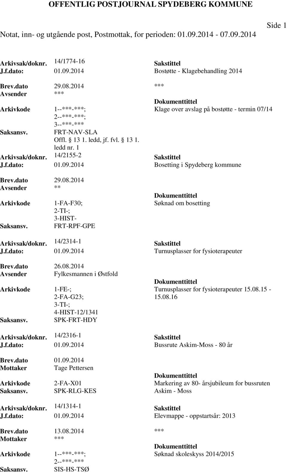 2014 Avsender ** 1-FA-F30; 2-TI-; 3-HIST- FRT-RPF-GPE Søknad om bosetting Arkivsak/doknr. 14/2314-1 Sakstittel J.f.dato: 01.09.2014 Turnusplasser for fysioterapeuter Brev.dato 26.08.