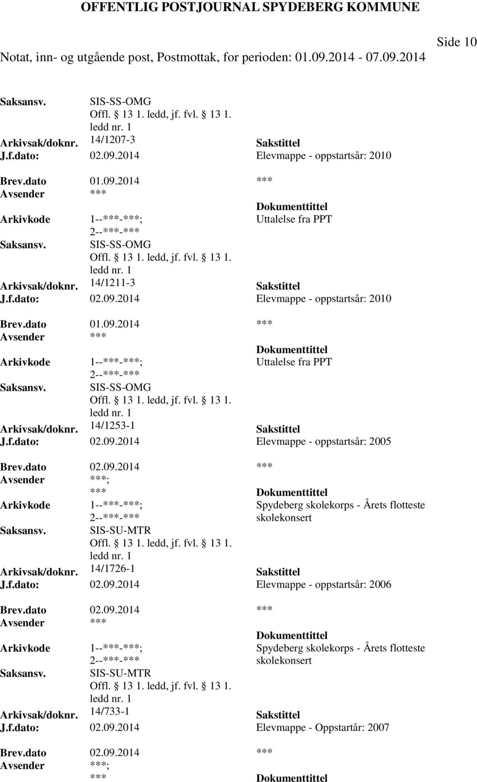 14/1726-1 Sakstittel J.f.dato: 02.09.2014 Elevmappe - oppstartsår: 2006 SIS-SU-MTR Spydeberg skolekorps - Årets flotteste skolekonsert Arkivsak/doknr.