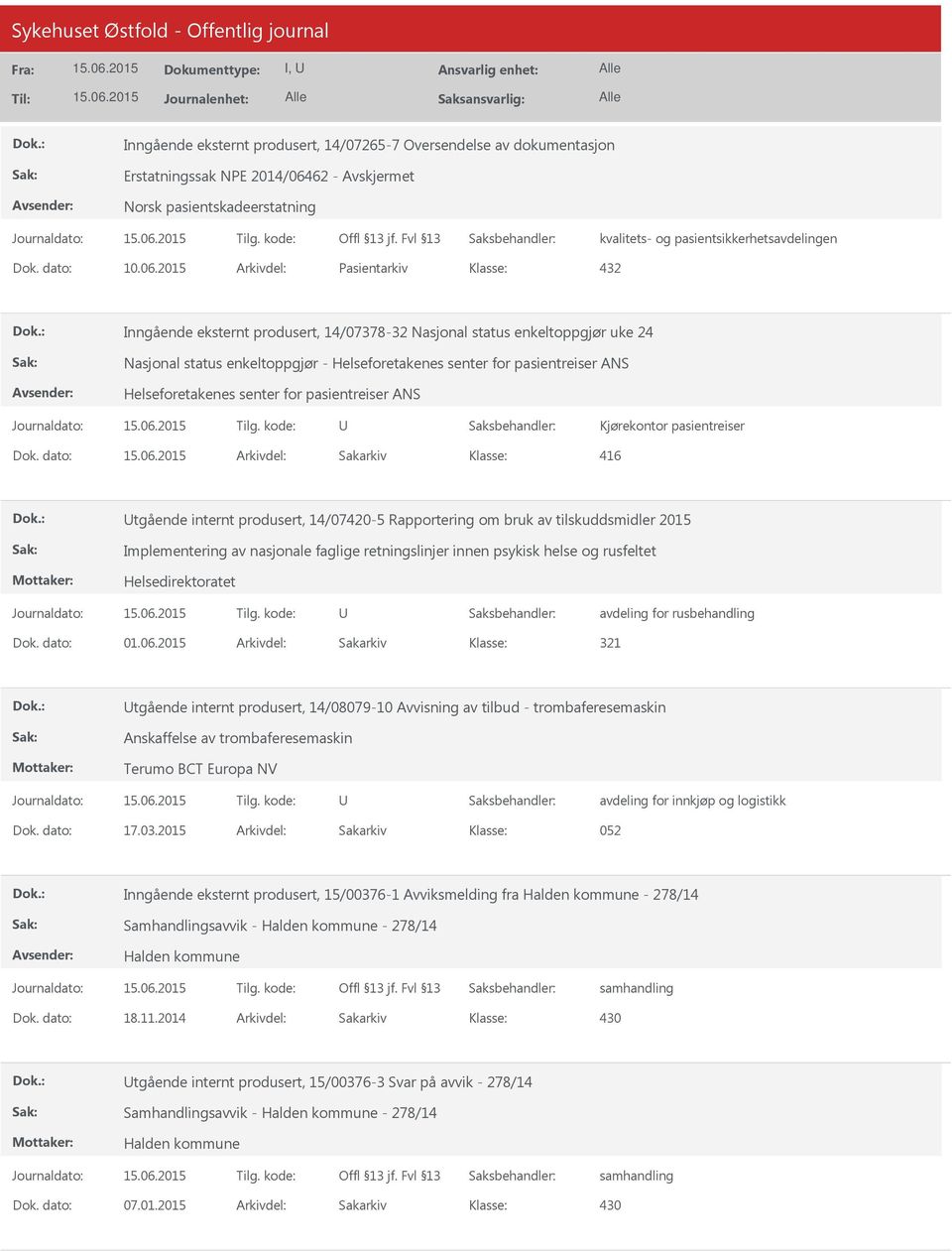 2015 Arkivdel: Pasientarkiv 432 Inngående eksternt produsert, 14/07378-32 Nasjonal status enkeltoppgjør uke 24 Nasjonal status enkeltoppgjør - Helseforetakenes senter for pasientreiser ANS