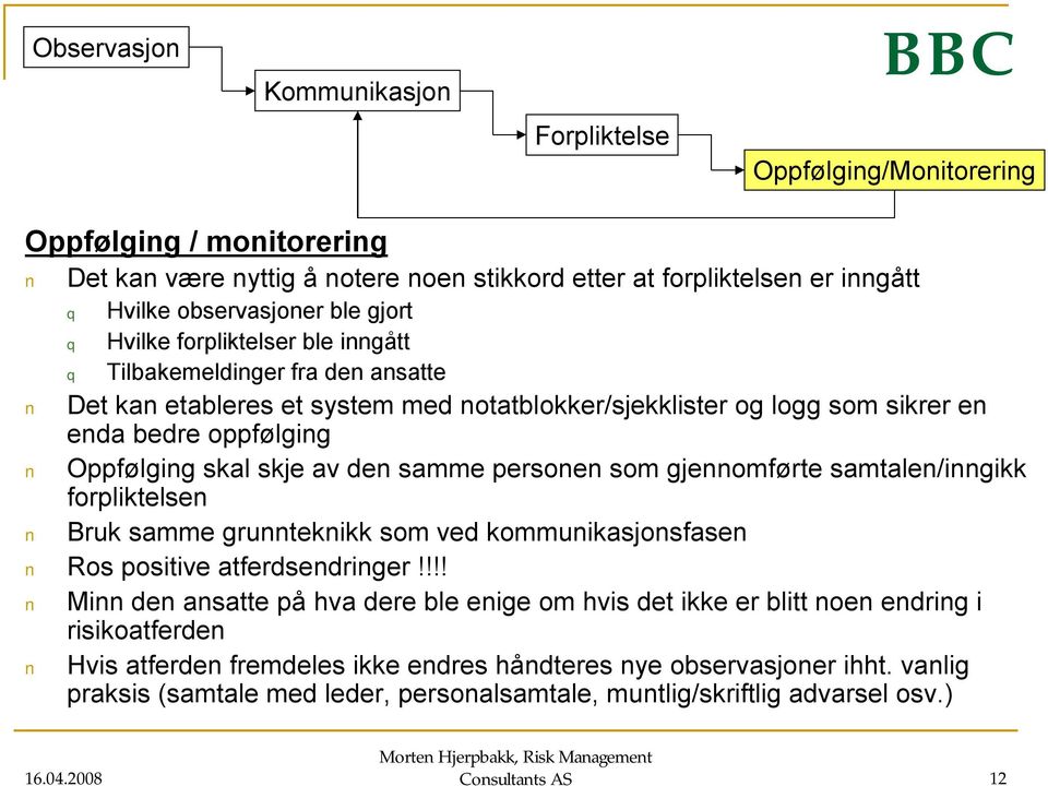 samme personen som gjennomførte samtalen/inngikk forpliktelsen Bruk samme grunnteknikk som ved kommunikasjonsfasen Ros positive atferdsendringer!