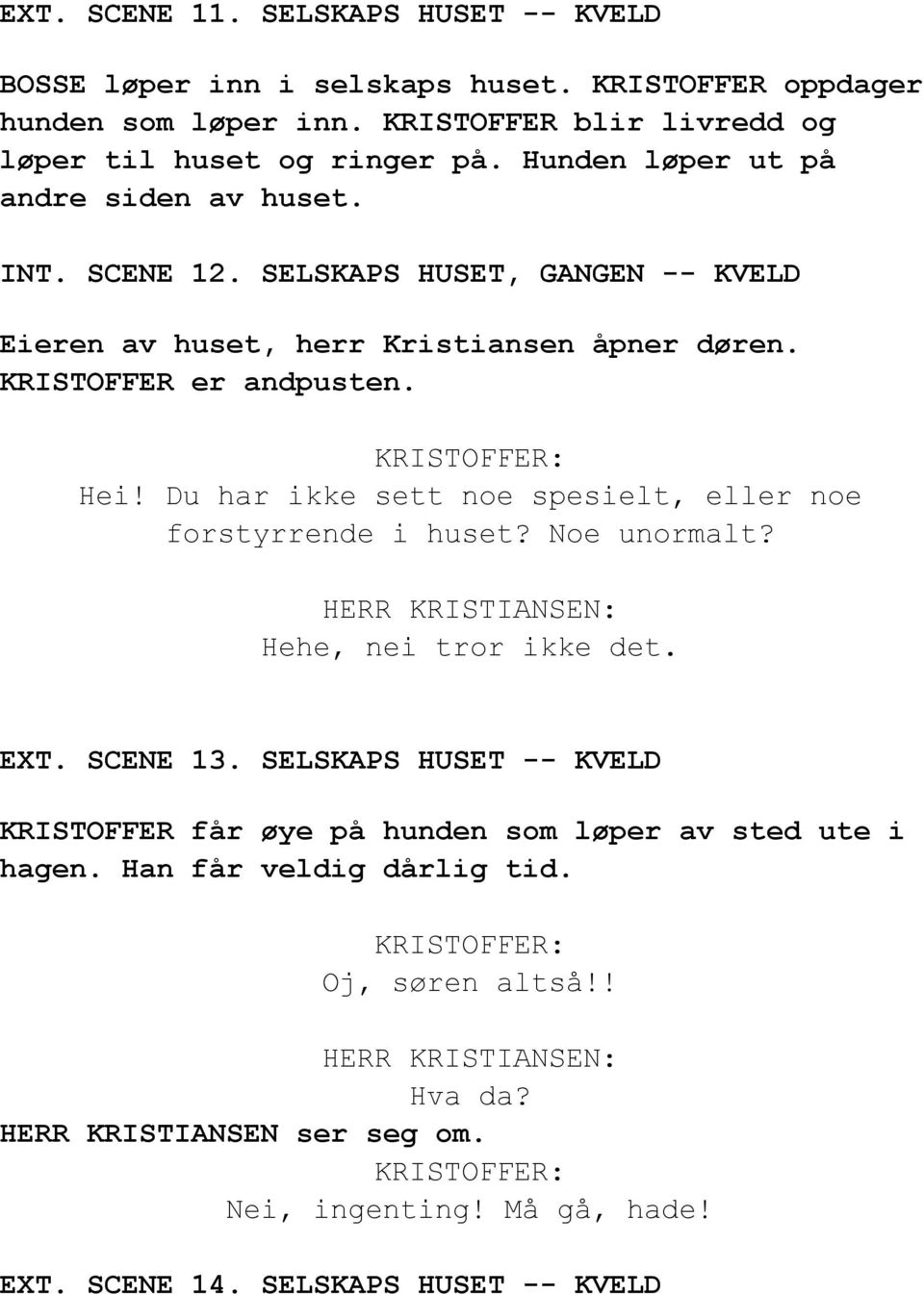 Du har ikke sett noe spesielt, eller noe forstyrrende i huset? Noe unormalt? HERR KRISTIANSEN: Hehe, nei tror ikke det. EXT. SCENE 13.