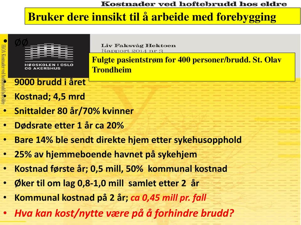 Olav Trondheim Bare 14% ble sendt direkte hjem etter sykehusopphold 25% av hjemmeboende havnet på sykehjem Kostnad første