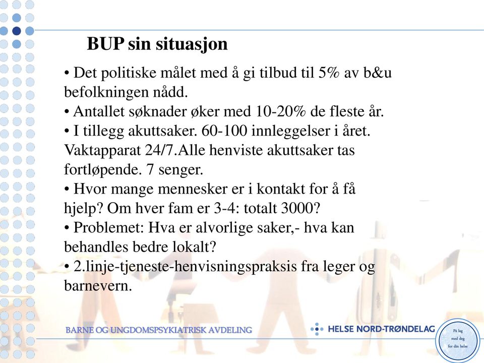 Alle henviste akuttsaker tas fortløpende. 7 senger. Hvor mange mennesker er i kontakt for å få hjelp?