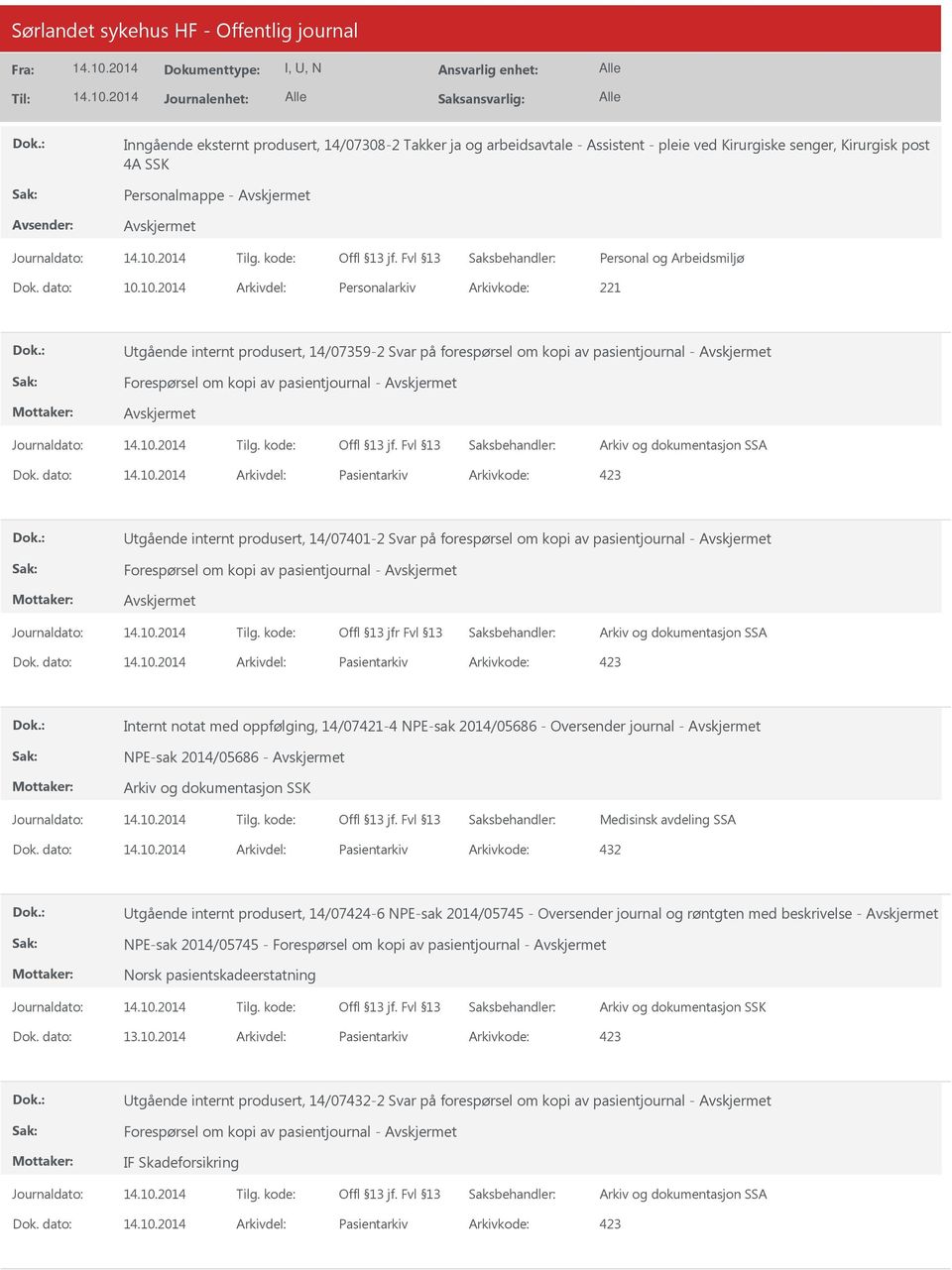 dato: Arkivdel: Pasientarkiv Arkivkode: 423 Utgående internt produsert, 14/07401-2 Svar på forespørsel om kopi av pasientjournal - Forespørsel om kopi av pasientjournal - Offl 13 jfr Fvl 13 Dok.