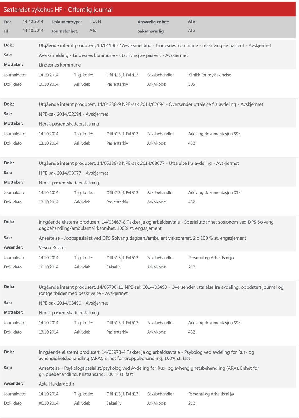 10.2014 Arkivdel: Pasientarkiv Arkivkode: 305 Utgående internt produsert, 14/04388-9 NPE-sak 2014/02694 - Oversender uttalelse fra avdeling - NPE-sak 2014/02694 - Utgående internt produsert,