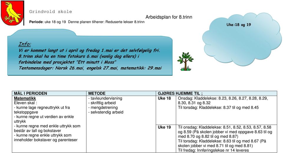 mai Matematikk - tavleundervisning - skriftlig arbeid - kunne lage regneuttrykk ut fra - mengdetrening tekstoppgave - selvstendig arbeid - kunne regne ut verdien av enkle uttrykk - kunne regne med