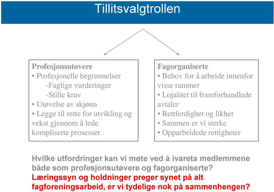 framforhandlede avtaler Rettferdighet og likhet Sammen er vi sterke Opparbeidede rettigheter Hvilke utfordringer kan vi møte ved å ivareta