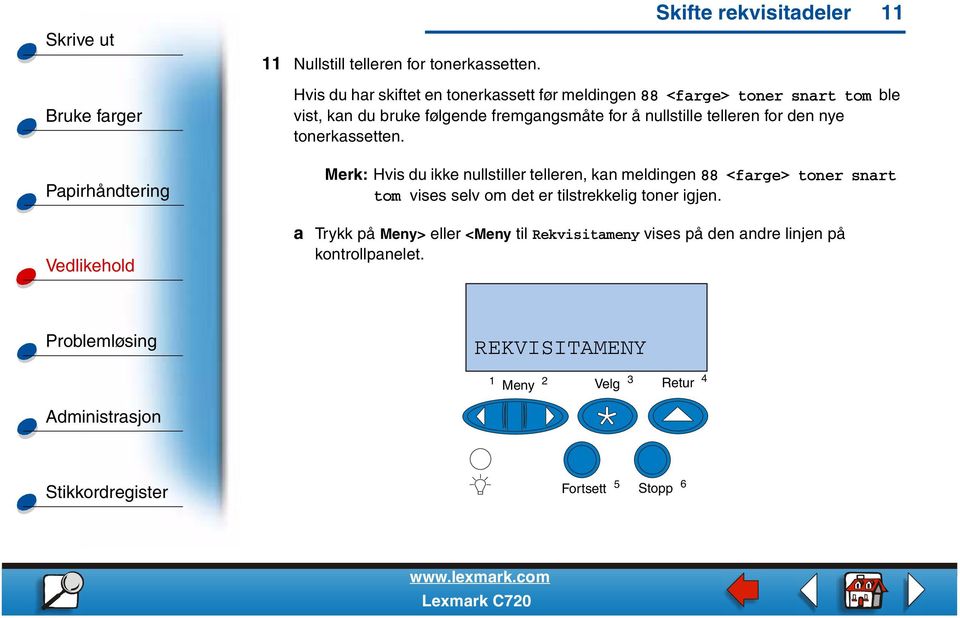 følgende fremgangsmåte for å nullstille telleren for den nye tonerkassetten.